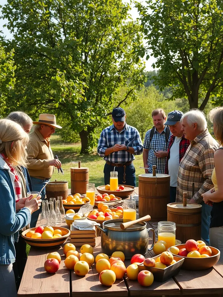 A workshop session where participants are learning traditional apple cider making techniques, emphasizing the educational aspect of the organization's activities.