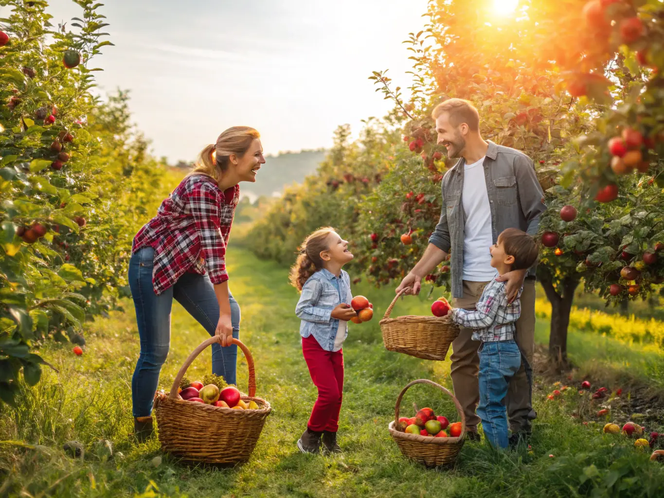 A vibrant image of participants engaging in a traditional apple harvesting activity at the Déduit orchard, showcasing community involvement and the celebration of local agricultural heritage.