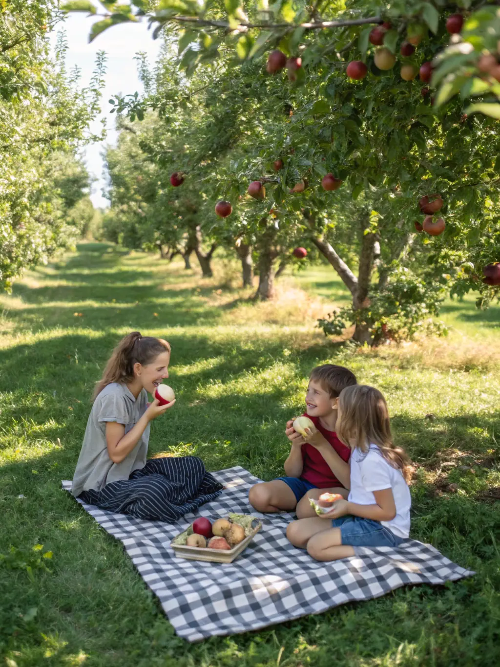 A vibrant photo of children participating in an apple-picking activity at the Déduit orchard, showcasing the joy and community spirit of the event.