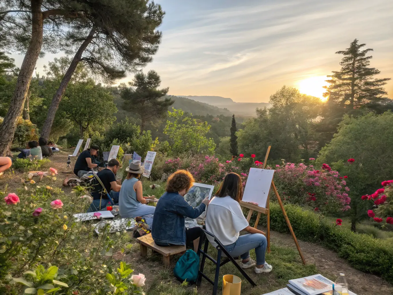 A picturesque image of an outdoor art workshop taking place in the Déduit orchard, with participants creating nature-inspired artwork under the guidance of a local artist.