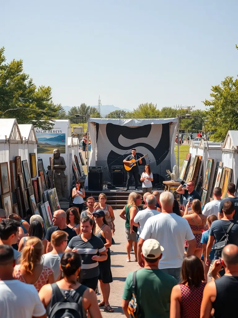 A photo of local artists displaying their work inspired by the Déduit orchard during a cultural event, highlighting the organization's support for artistic expression.