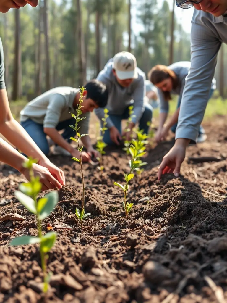 A group of volunteers planting new saplings in the Déduit orchard, illustrating the organization's commitment to environmental conservation.
