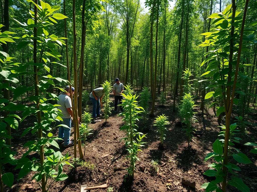 A serene image of volunteers planting new saplings in the Déduit orchard, highlighting the organization's commitment to environmental conservation and sustainable practices.